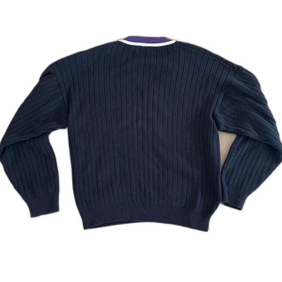 Vintage 90s GUESS Country Club Black Tan Cable Knit V-Neck Stripe Sweater Sz XL - Picture 2 of 5